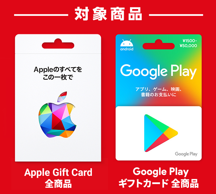 対象商品：App Store & iTunes ギフトカード全商品／Google Play ギフトカード全商品