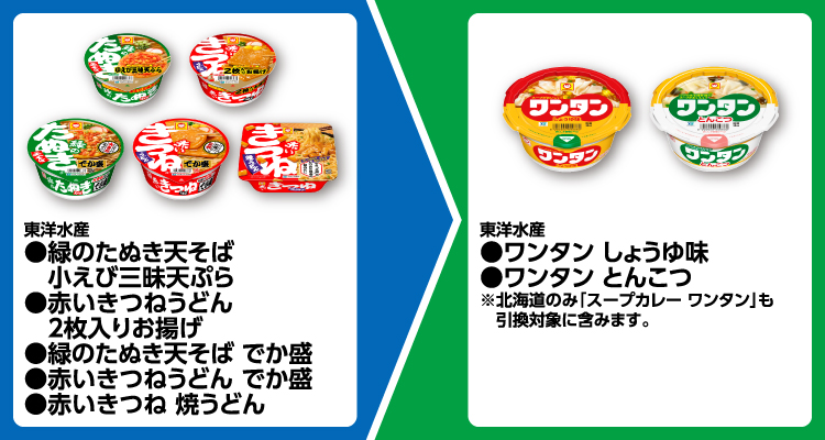 東洋水産 緑のたぬき天そば 小えび三昧天ぷら、赤いきつねうどん 2枚入りお揚げ、緑のたぬき天そば でか盛、赤いきつねうどん でか盛、赤いきつね 焼うどん いずれか1個買うと、東洋水産 ワンタン しょうゆ味、ワンタン とんこつ いずれか1個無料引換券もらえる ※北海道のみ「スープカレー ワンタン」も引換対象に含みます。