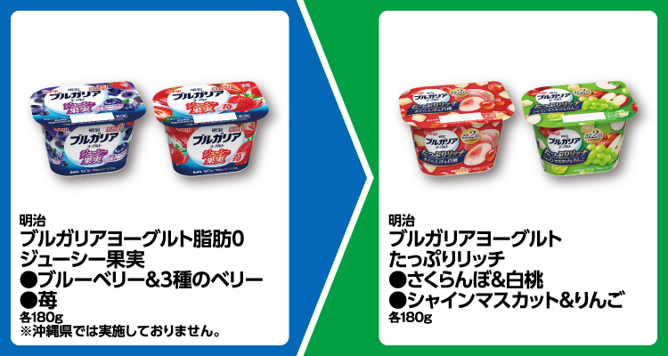 明治 ブルガリアヨーグルト脂肪0 ジューシー果実 ブルーベリー＆3種のベリー、苺 各180g いずれか1個買うと、明治 ブルガリアヨーグルト たっぷりリッチ さくらんぼ＆白桃、シャインマスカット＆りんご 各180g いずれか1個無料引換券もらえる ※沖縄県では実施しておりません。