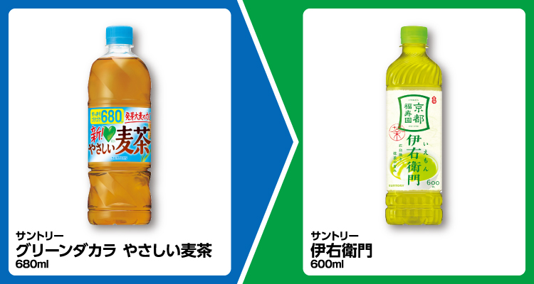 サントリー グリーンダカラ やさしい麦茶 680ml 1個買うと、サントリー 伊右衛門 600ml 1個無料引換券もらえる