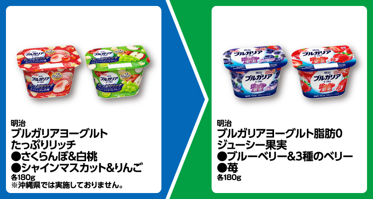 明治 ブルガリアヨーグルト たっぷりリッチ さくらんぼ&白桃、シャインマスカット&りんご 各180g いずれか1個買うと、明治 ブルガリアヨーグルト脂肪0 ジューシー果実 ブルーベリー&3種のベリー、苺 各180g いずれか1個無料引換券もらえる ※沖縄県では実施しておりません。