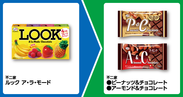 不二家 ルック ア・ラ・モード 1個買うと、不二家 ピーナッツ&チョコレート、アーモンド&チョコレート いずれか1個無料引換券もらえる