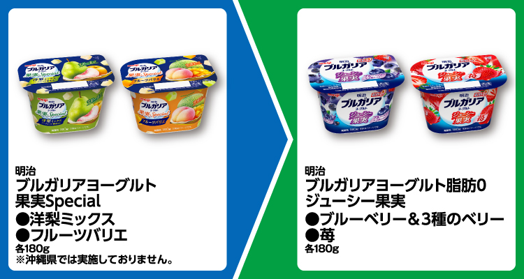 ブルガリアヨーグルト各種を1個買うと、脂肪0 ジューシー果実各種が1個無料。~11/24。