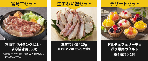 宮崎牛セット：宮崎牛（A4ランク以上）すき焼き用350g、生ずわい蟹セット：生ずわい蟹420g（ロシア又はアメリカ産）、デザートセット：ドルチェフェリーチェ彩り果実のタルト※4種類×2個