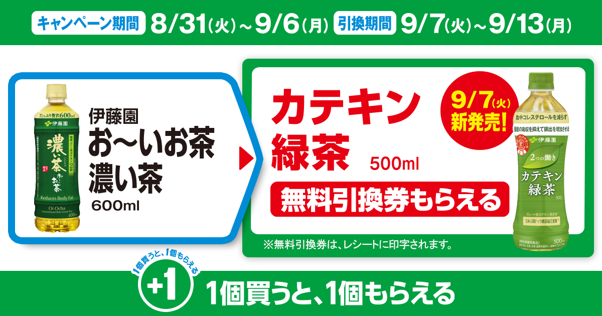 対象商品を買うと無料引換券（対象の「伊藤園 カテキン 緑茶 500ml」）がもらえる！