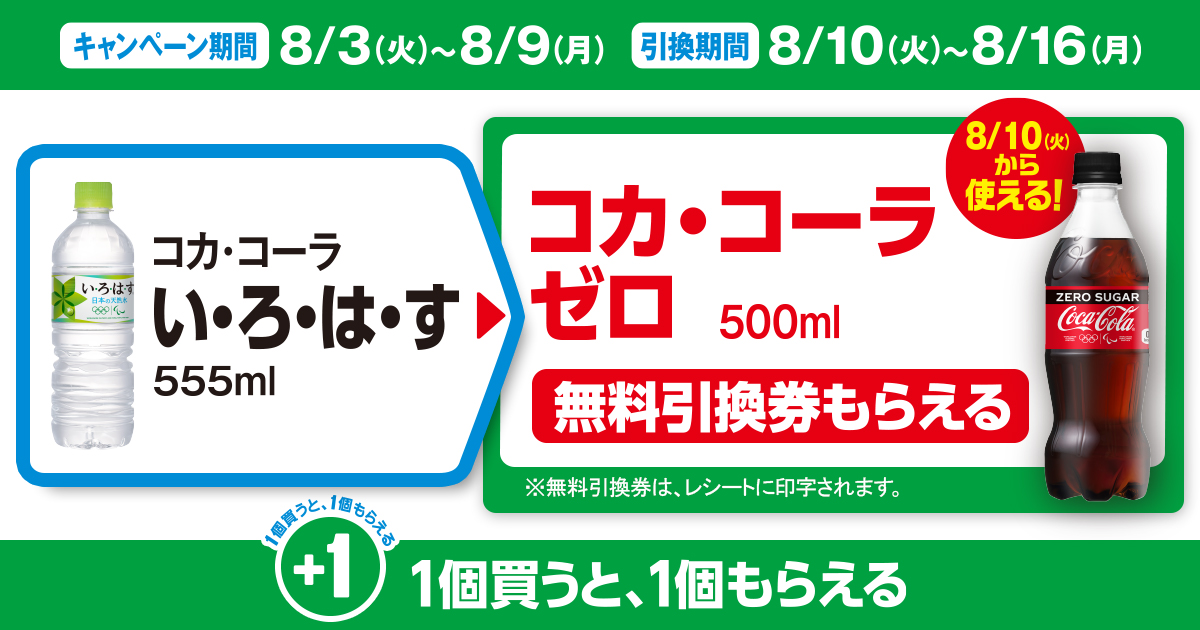 対象商品を買うと無料引換券（対象の「コカ・コーラ ゼロ 500ml」）がもらえる！