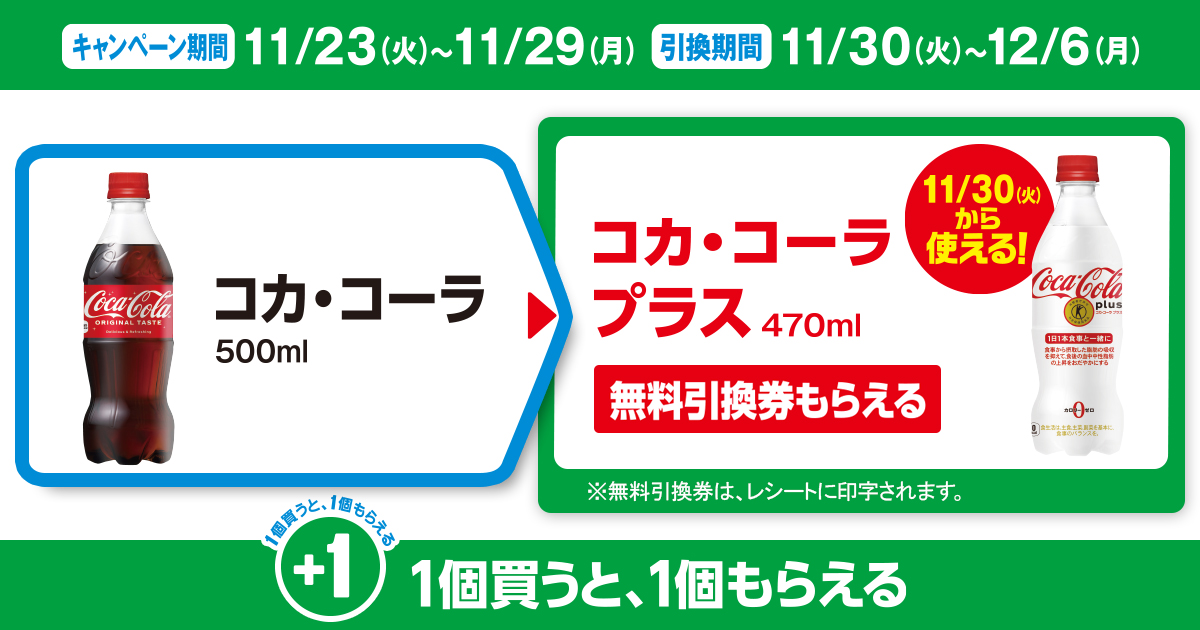 対象商品を買うと無料引換券（対象の「コカ・コーラ プラス 470ml」）がもらえる！