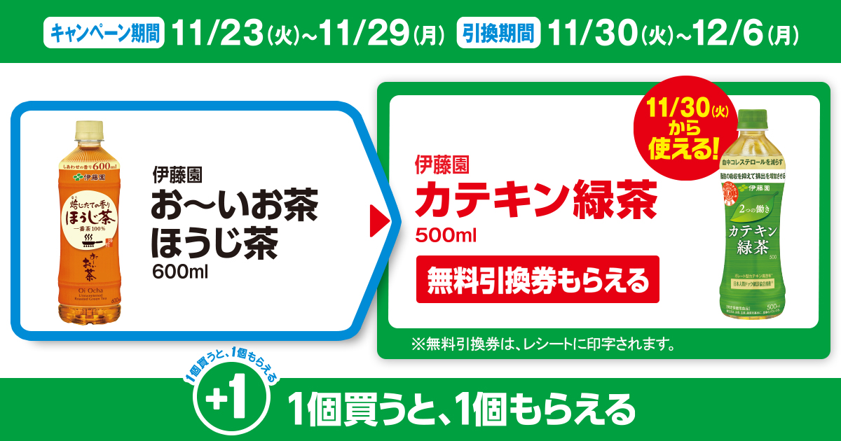 対象商品を買うと無料引換券（対象の「伊藤園 カテキン緑茶 500ml」）がもらえる！