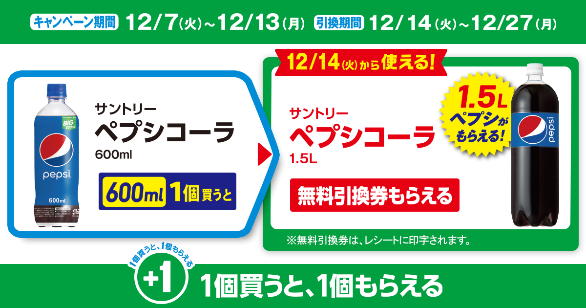 対象商品を買うと無料引換券（対象の「サントリー ペプシコーラ 1.5L」）がもらえる！