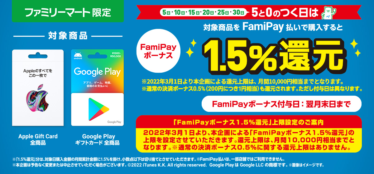App Store & iTunes ギフトカードと Google Play ギフトカードを5と0のつく日にFamiPay払いで購入するとお得♪  FamiPayボーナス1.5%還元！  ※通常の決済ボーナス0.5%（200円につき1円相当）も還元されます。ただし付与日は異なります。  3月5日（金） ～ ※FamiPayボーナス付与日：翌月末日まで