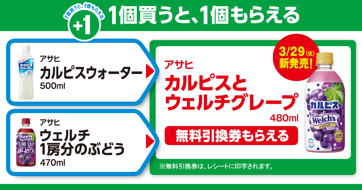 対象商品を買うと無料引換券（対象の「アサヒ カルピスとウェルチグレープ 480ml」）がもらえる！