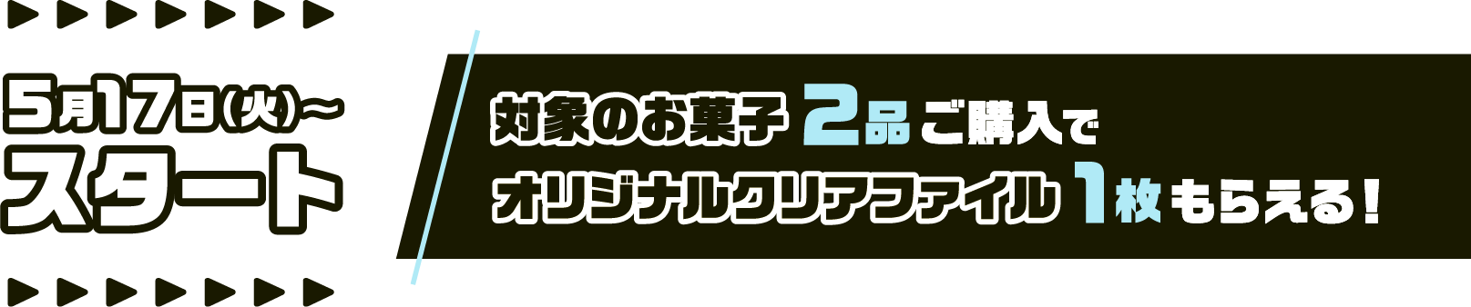 5月17日（火）～スタート　対象のお菓子2品ご購入でオリジナルクリアファイル1枚もらえる！