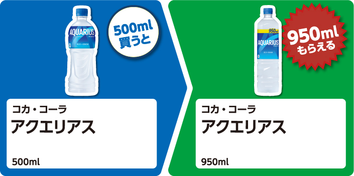 コカ・コーラアクエリアス 500ml 1個買うと、コカ・コーラ アクエリアス 950ml 1個もらえる