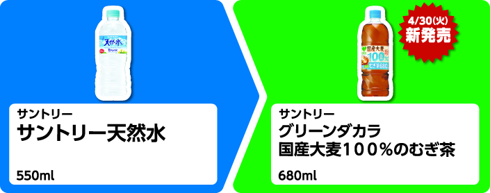 サントリー サントリー天然水 550ml 1個買うと、4月30日火曜日新発売 サントリー グリーンダカラ 国産大麦100%のむぎ茶 680ml 1個もらえる