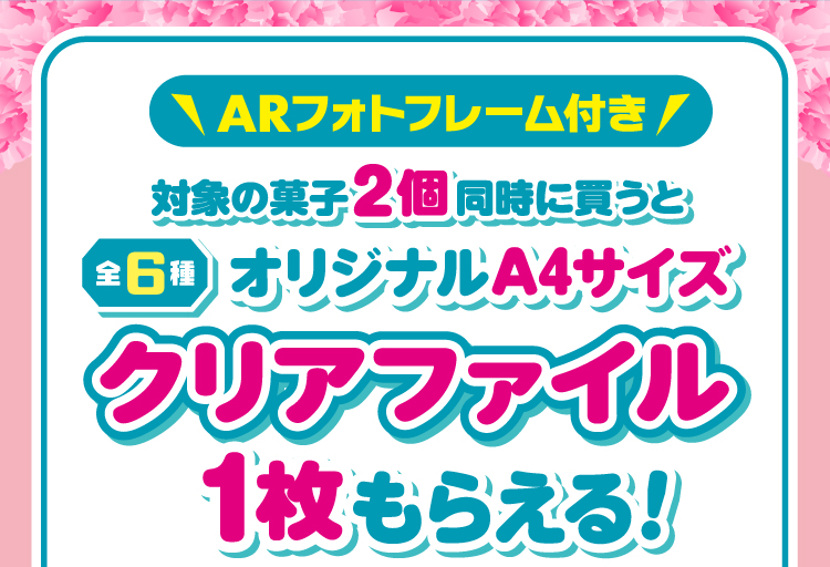 対象の菓子2個同時に買うとARフォトフレーム付きオリジナルA4サイズクリアファイル1枚もらえる！（全6種）