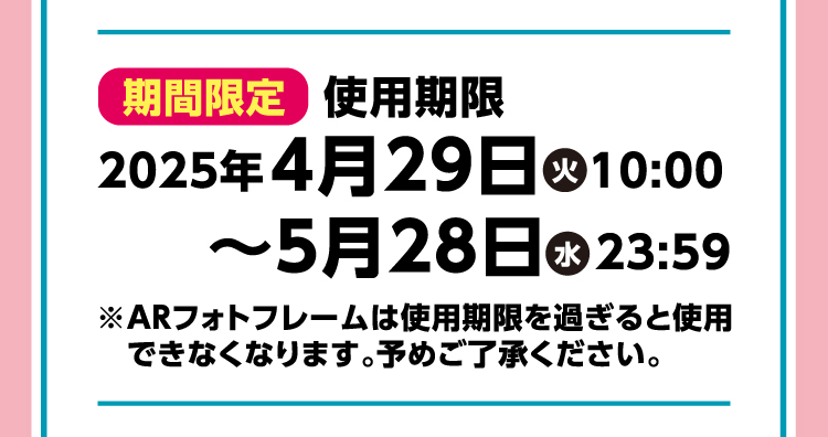 期間限定　使用期限2025年4月29日火曜日10時～5月28日水曜日23時59分　※ARフォトフレームは使用期限を過ぎると使用できなくなります。予めご了承ください。