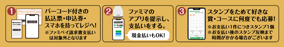 ①バーコード付きの払込票・申込券・スマホを持ってレジへ！※ファミペイ請求書払いは対象外となります②現金払いもOK！ファミマのアプリを提示し、支払いをする。③スタンプをためて好きな賞・コースに何度でも応募！※お支払い1件につきスタンプ1個※お支払い後のスタンプ反映まで時間がかかる場合がございます