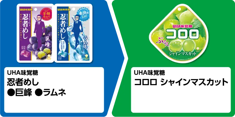 UHA味覚糖 忍者めし 巨峰、ラムネ いずれか1個買うと、UHA味覚糖 コロロ シャインマスカット 1個もらえる
