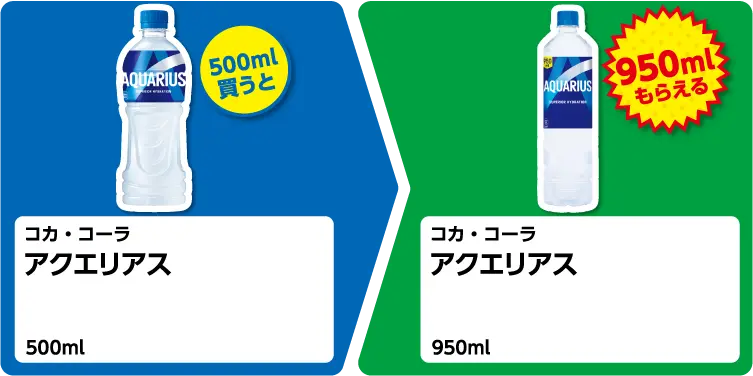 コカ・コーラ アクエリアス 500ml 1個買うと、コカ・コーラ アクエリアス 950ml 1個もらえる