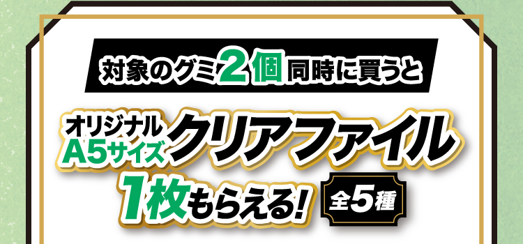 対象のグミ2個同時に買うとオリジナルA5サイズクリアファイル1枚もらえる！（全5種）