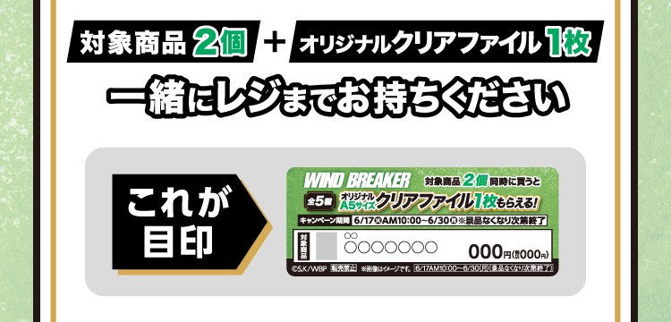 対象商品2個とオリジナルクリアファイル1枚を一緒にレジまでお持ちください。