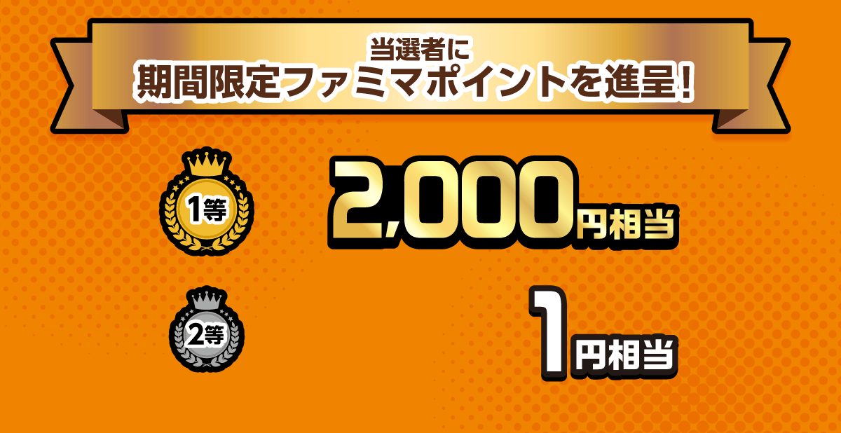 当選者に期間限定ファミマポイントを進呈！1等ファミマポイント2,000円相当 2等ファミマポイント1円相当