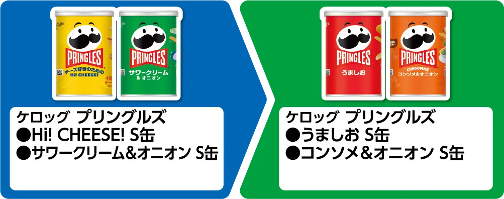 ケロッグ プリングルズ Hi! CHEESE! S缶、サワークリーム＆オニオン S缶 いずれか1個買うと、ケロッグ プリングルズ うましお S缶、コンソメ＆オニオン S缶 いずれか1個もらえる