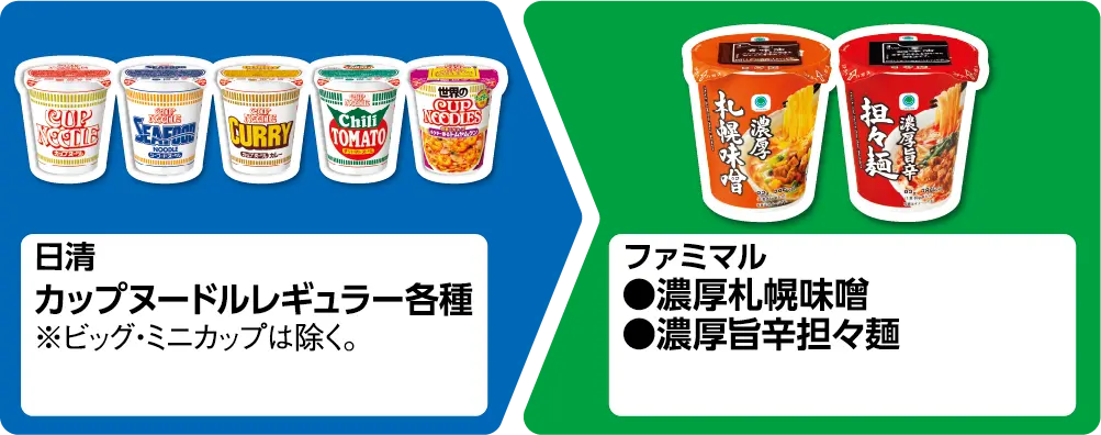 日清 カップヌードル レギュラー各種 ※ビッグ・ミニカップは除く。 いずれか1個買うと、ファミマル 濃厚札幌味噌、濃厚旨辛担々麺 いずれか1個もらえる