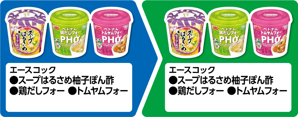 エースコック スープはるさめ柚子ぽん酢、鶏だしフォー、トムヤムフォー いずれか1個買うと、エースコック スープはるさめ柚子ぽん酢、鶏だしフォー、トムヤムフォー いずれか1個もらえる