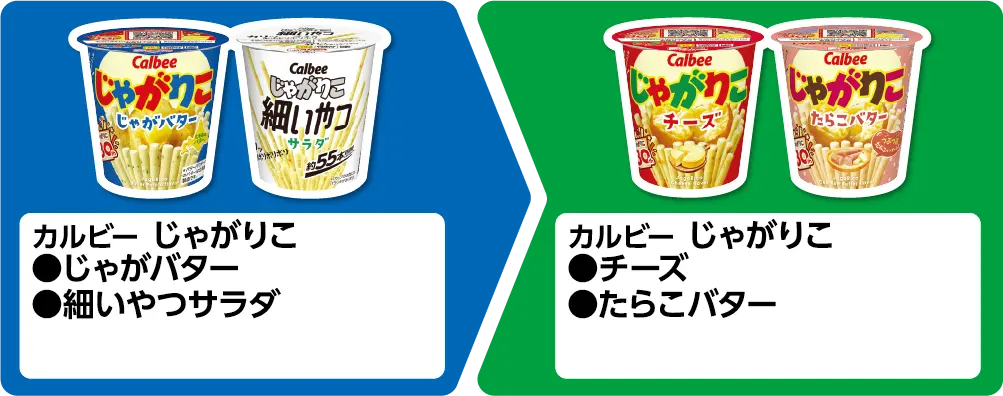 カルビー じゃがりこ じゃがバター、細いやつサラダ いずれか1個買うと、カルビー じゃがりこ チーズ、たらこバター いずれか1個もらえる