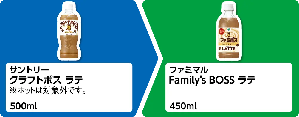 サントリー クラフトボス ラテ 500ml ※ホットは対象外です。 1個買うと、ファミマル Family’s BOSS ラテ 450ml 1個もらえる