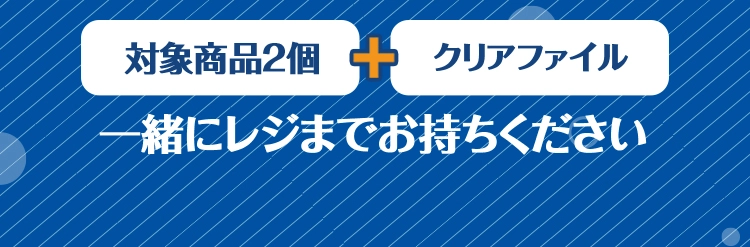 対象商品2個とクリアファイルを一緒にレジまでお持ちください。