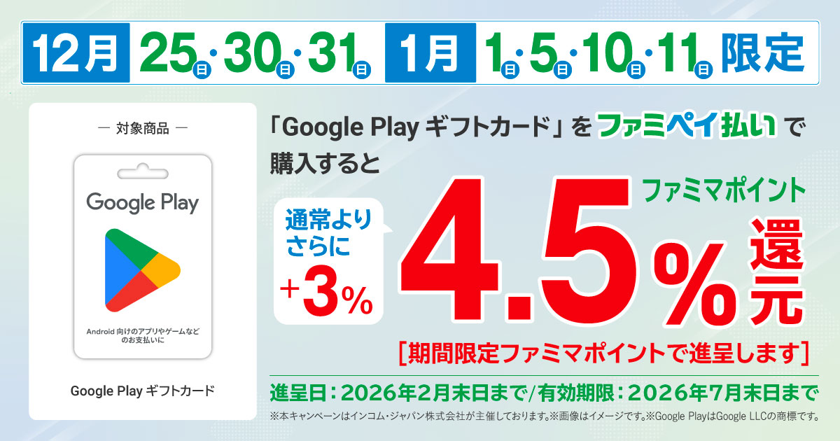「Google Play ギフトカード」をファミマのアプリファミペイ払いで購入すると、12月・1月限定で4.5％分のファミマポイントを還元。期間限定ファミマポイントで進呈します。