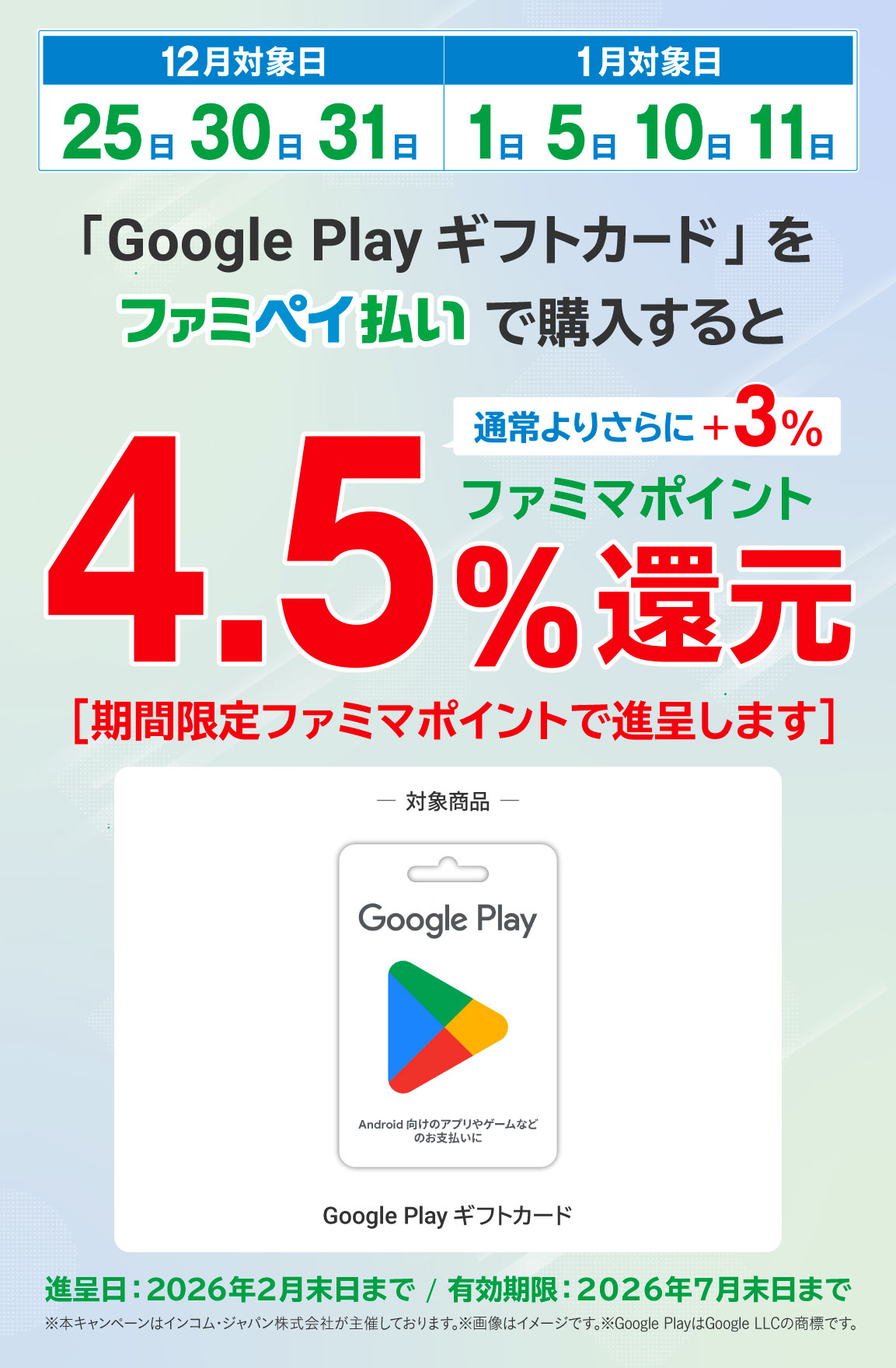 「Google Play ギフトカード」をファミマのアプリファミペイ払いで購入すると、12月・1月限定で4.5％分のファミマポイントを還元。期間限定ファミマポイントで進呈します。