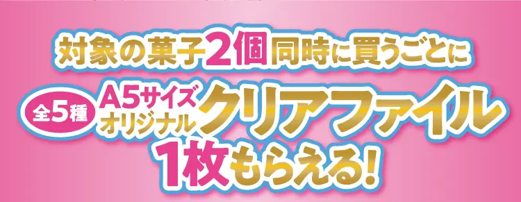 対象の菓子2個同時に買うごとにA5サイズオリジナルクリアファイル（全5種）1枚もらえる！