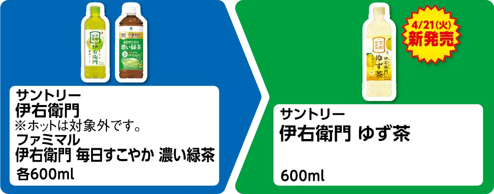 サントリー 伊右衛門　※ホットは対象外です。 ファミマル 伊右衛門 毎日すこやか 濃い緑茶 各600ml いずれか1個買うと、4月21日火曜日新発売 サントリー 伊右衛門 ゆず茶 600ml 1個もらえる