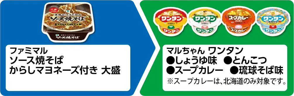ファミマル ソース焼そば からしマヨネーズ付き 大盛 1個買うと、マルちゃん ワンタン しょうゆ味、とんこつ、スープカレー、琉球そば味 いずれか1個もらえる ※スープカレーは、北海道のみ対象です。