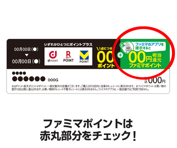 ファミマポイントは赤丸部分をチェック！ファミマのアプリを提示すると〇〇円相当ファミマポイント還元