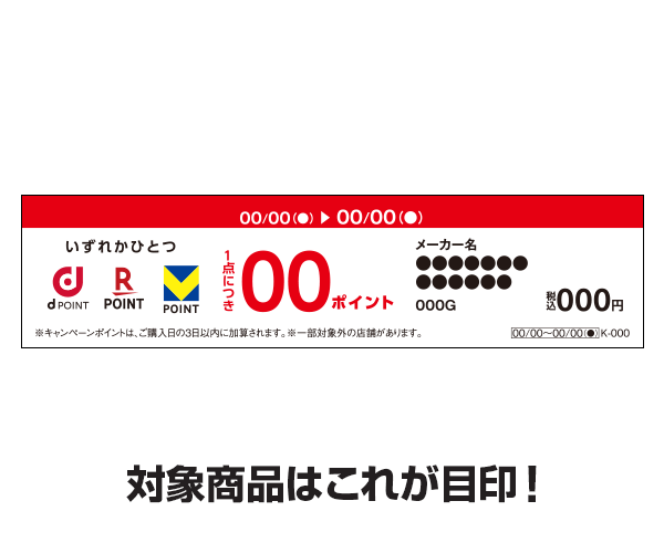 対象商品はこれが目印！いずれかひとつにポイントプラス、1点につき〇ポイントと書いてあるPOP