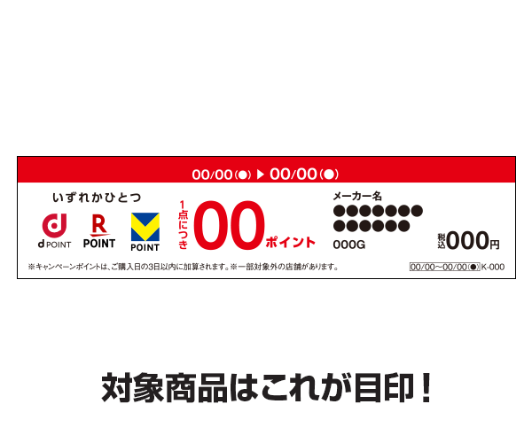 対象商品はこれが目印！いずれかひとつにポイントプラス、1点につき〇ポイントと書いてあるPOP