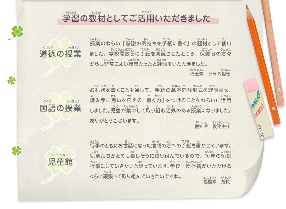 学習の教材としてご活用いただきました
							道徳の授業／授業のねらい「感謝の気持ちを手紙に書く」の題材として使いました。学校開放日に手紙を朗読させたところ、保護者の方々からも非常によい授業だったと評価をいただきました。　埼玉県　クラス担任
							国語の授業／お礼状を書くことを通して、手紙の基本的な形式を理解させ、読み手に思いを伝える「書く力」をつけることをねらいに活用しました。児童が集中して取り組む活気のある授業になりました。ありがとうございます。　愛知県　教務主任
							児童館／行事のときにお世話になった地域の方への手紙を書かせています。児童たちがとても楽しそうに取り組んでいるので、毎年の恒例行事にしていきたいと思っています。学校・団体賞がいただけるくらい頑張って取り組んでいきたいですね。　福島県　館長