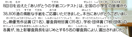 8回目を迎えた「ありがとうの手紙コンテスト」は、全国の小学生の皆様から38,806通の素敵な手紙をご応募いただきました。本当にありがとうございました。最優秀作品賞（21名）、審査員特別賞（35名）、学校・団体賞（７校・団体）の各賞が、池上彰審査員長をはじめとする５名の審査員により、選出されました。