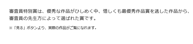 審査員特別賞は、優秀な作品がひしめく中、惜しくも最優秀作品賞を逃した作品から、審査員の先生方によって選ばれた賞です。　※「作品を見る」ボタンより、実際の作品がご覧になれます。