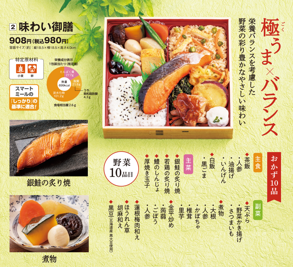 極うま×バランス ②味わい御膳:
            908円（税込980円）野菜10品目 銀鮭の炙り焼／煮物 おかず10品