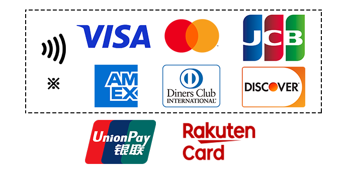 Visa、マスターカード、JCB、アメリカン エキスプレス、ダイナースクラブ、ディスカバーカード、UnionPay（銀聯）、楽天カードもご利用が可能です。UnionPay（銀聯）、楽天カード以外はクレジットのタッチ決済も可能です。