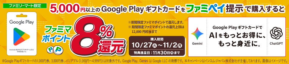 【ファミリーマート限定】5,000円以上のGoogle Playギフトカードをファミペイを提示して購入すると、購入額の8%分のファミマポイントをプレゼント！期間は10月27日火曜日から11月2日月曜日