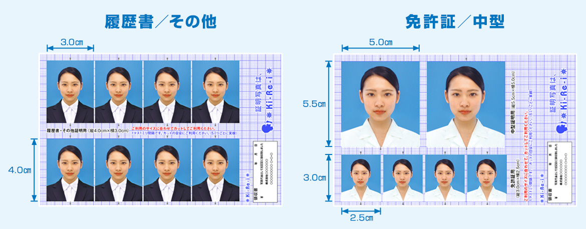 履歴書・その他（縦4.0×横3.0センチ）、免許証・中型（縦5.5×横5.0センチ・縦3.0センチ×横2.5センチ）