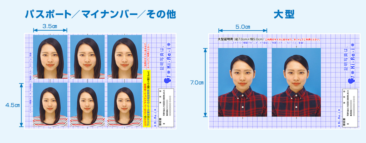 パスポート・その他（縦4.5×横3.5センチ）、大型（縦7.0×横5.0センチ）