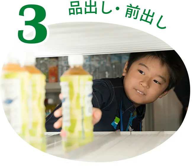 3. 品出し・前出し（写真：冷蔵ケースにペットボトル 飲料を補充するこども）
