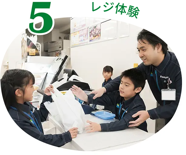 5. レジ体験（写真：レジで接客の練習を するこどもたち）